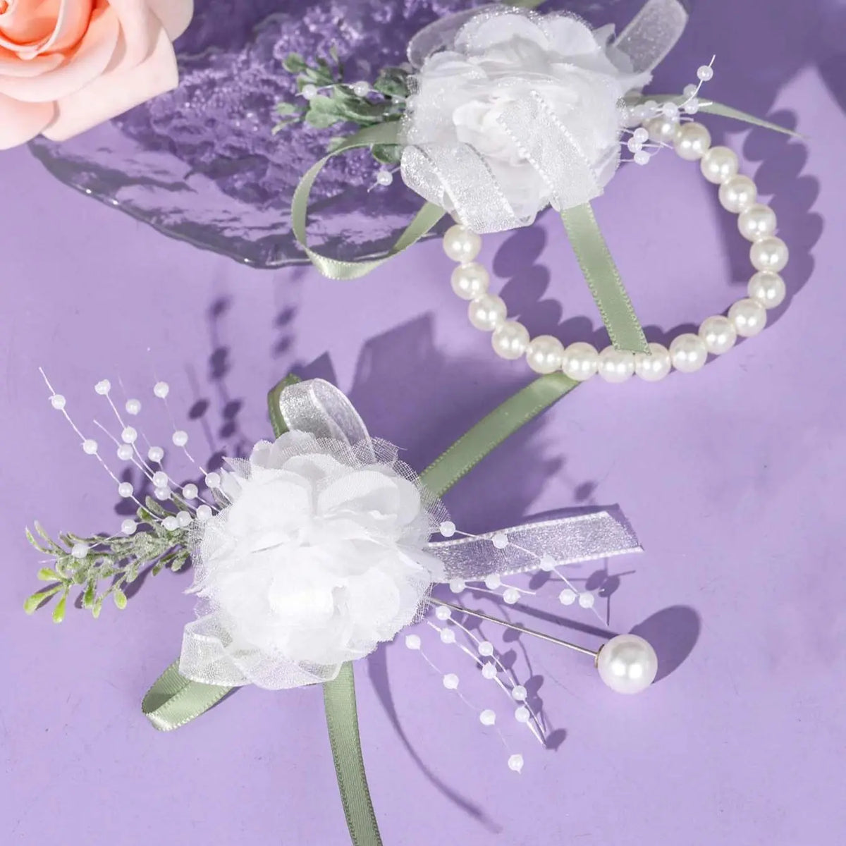 Simple Artificial Pearl Decorated Wrist Corsage & Boutonniere, Elegant Wedding Bridal Party Decoration, Fashion Accessories for Wedding Party