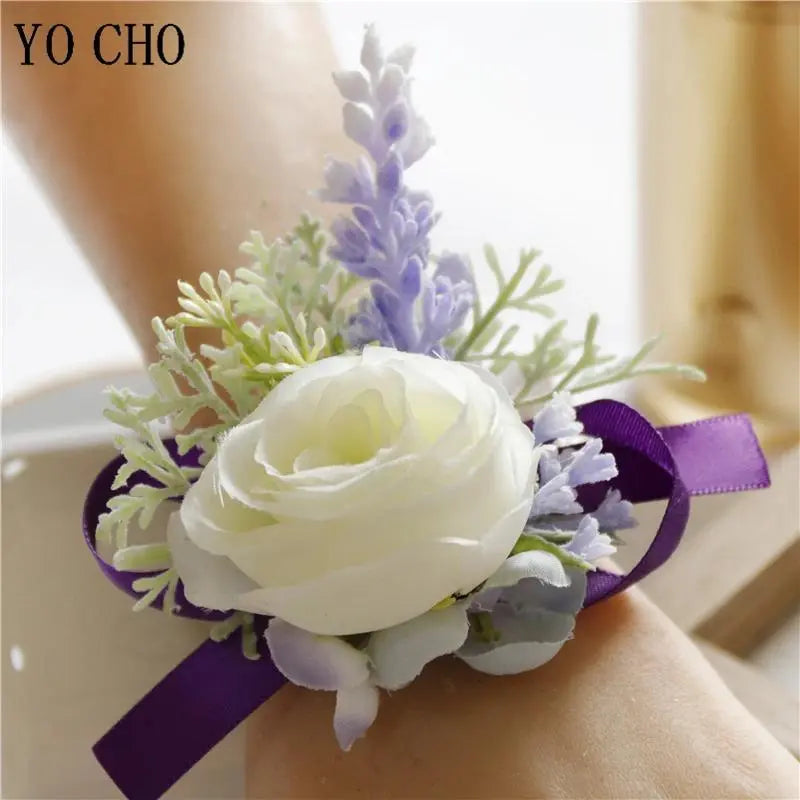 Romantic Chic Purple Handmade Artificial Silk Flower Corsage & Boutonniere Set - Realistic Look, Long-Lasting, All Year Beautiful Romantic Fashion Wrist Bracelet & Brooch Jewelry for Bride, Birthday Gifts, Party Decoration