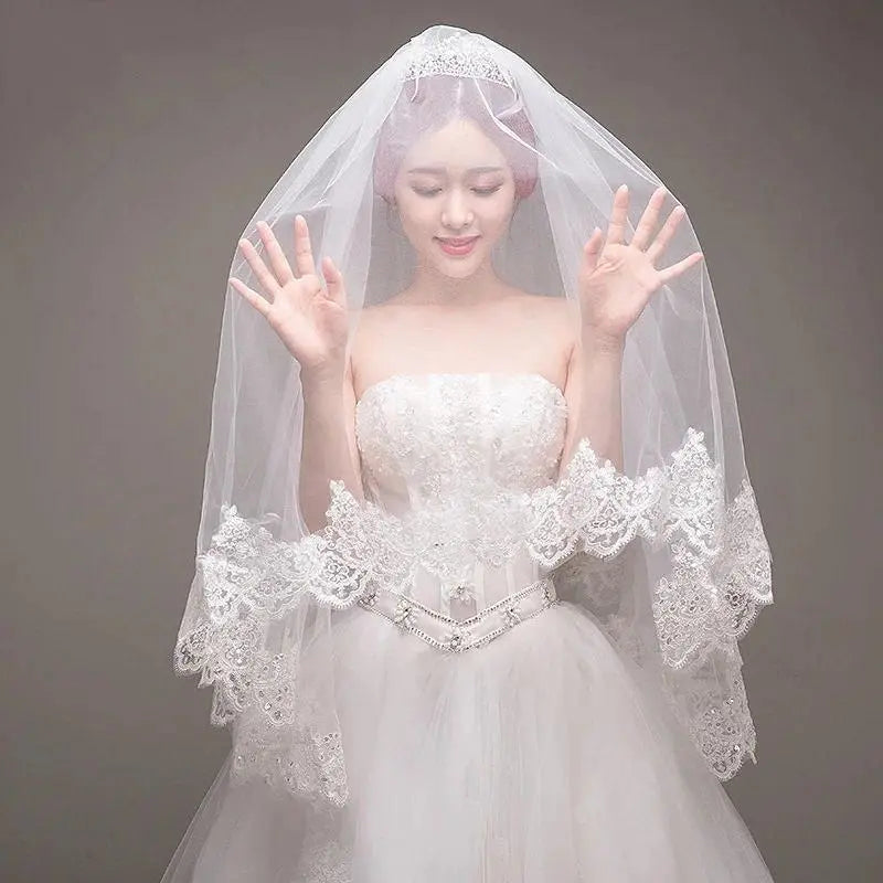 Lace Appliqued Wedding Veil with Comb 2-Tier Sequins Bridal Veils Soft Tulle for Brides