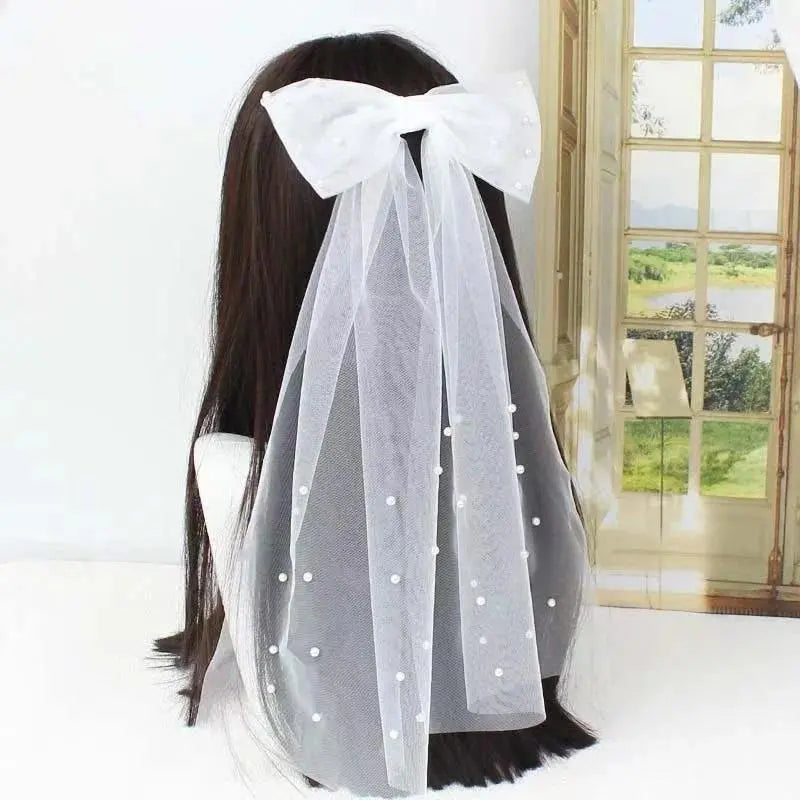 Women Long Ribbon Mesh Bow Hair Clips Pearls Hairpin Veil Short Bridal Wedding Party Bride Hair Accessories HLTS06