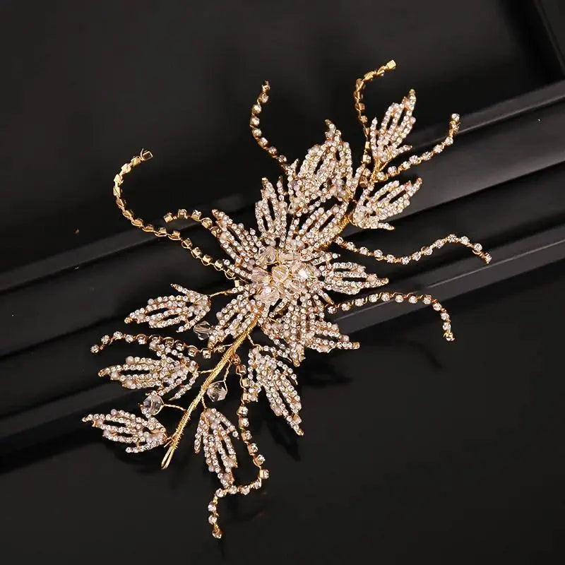 Gold Rhinestone Hair Band Bride Crystal Leaf Headband Wedding Accessories Luxury Jewelry Woman Ornaments Party  Headpiece