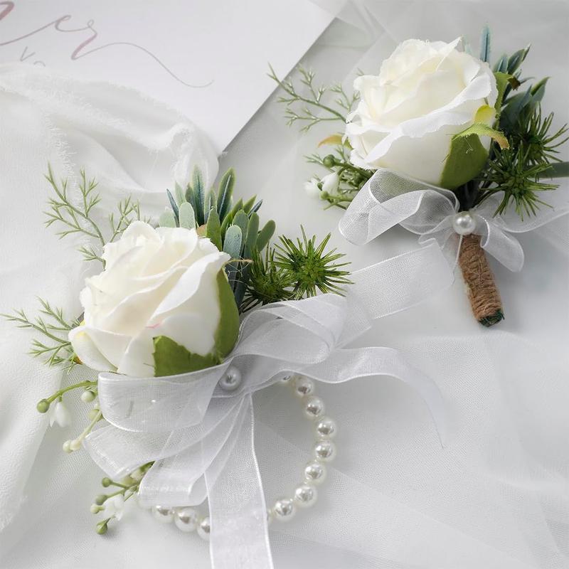 Rustic Chic Wedding Wrist Corsage & Boutonniere Set - Ivory Silk Rose, Adjustable Pearl Bracelet, Handcrafted Pearl Accents, Formal Outdoor Unisex for Wedding Prom, 1 Corsage & 1 Boutonniere, Beach