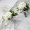 Rustic Chic Wedding Wrist Corsage & Boutonniere Set - Ivory Silk Rose, Adjustable Pearl Bracelet, Handcrafted Pearl Accents, Formal Outdoor Unisex for Wedding Prom, 1 Corsage & 1 Boutonniere, Beach
