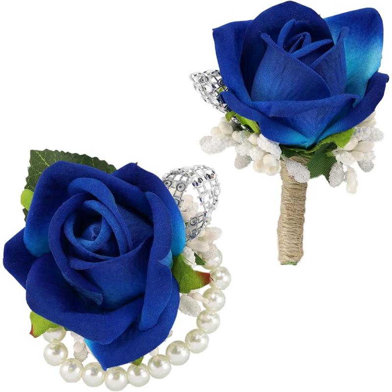Unisex 2-Piece Handmade Silk Red Rose Corsage & Boutonniere Set - 100% Handmade, 2.7inches x 2.7inches, Wrist Corsage, Pin, Gift Box, Wedding, Banquets, All Seasons Formal Occasions