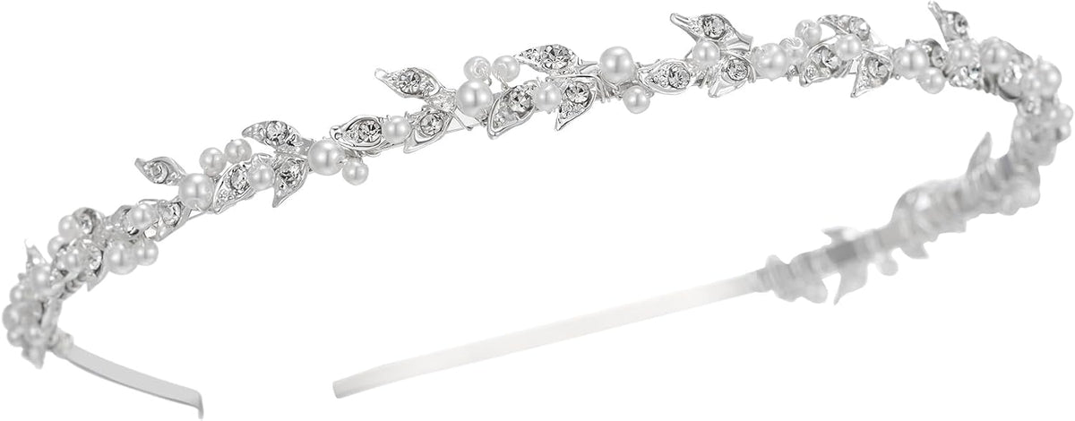 SWEETV Rhinestone Bridal Headband Silver Crystal Tiara for Women Pearl Wedding Headpieces for Bride Hair Accessories for Prom Birthday Party