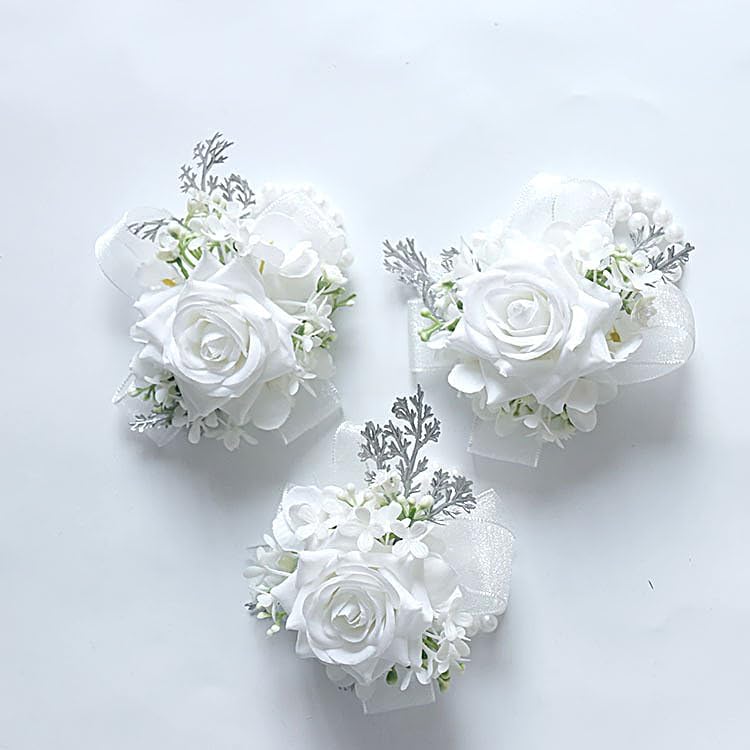 Bethynas Bridal Prom Rose Wrist Corsage Artificial Flower Pearl Wristlet Bridesmaid Hand Flower Bracelet Wristband for Wedding Ceremony Party (Pearl Flower - White)