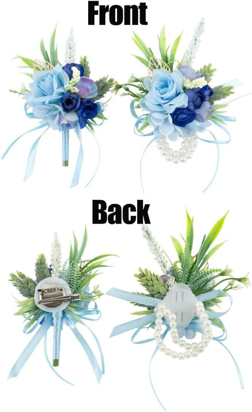 2Pcs Blue Wrist Corsage and Boutonniere Set for Prom Wedding