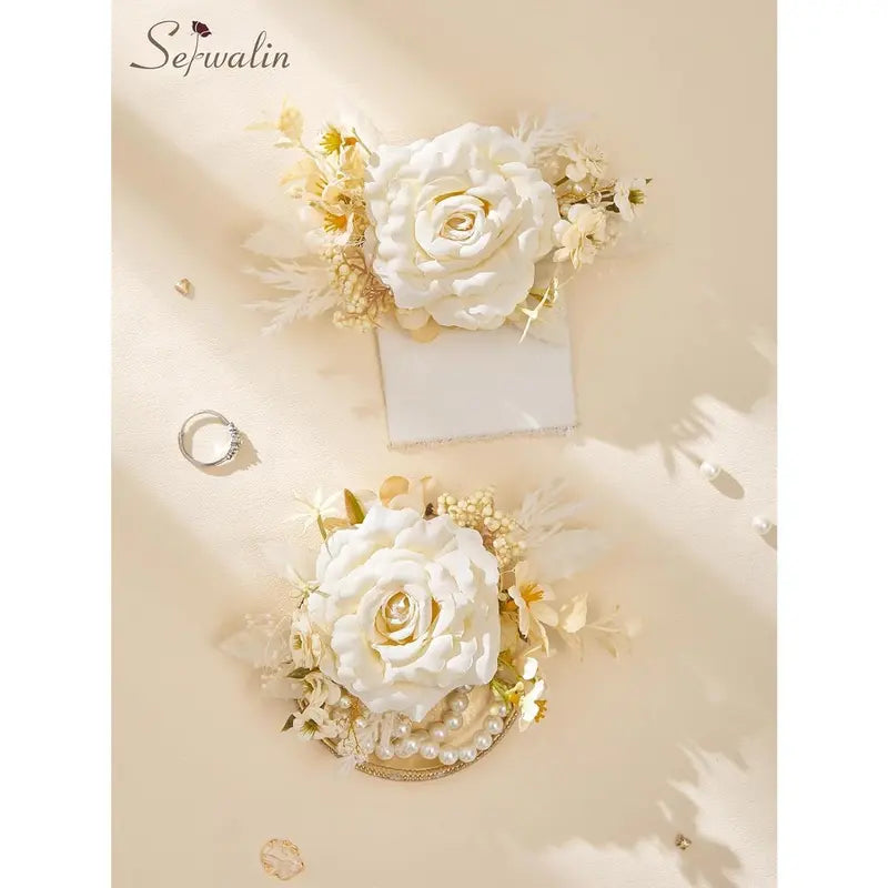 Wedding 2Pcs Pre-Made Ready-to-Use Corsage & Boutonniere Set - Pastel Soft Classic Silk Champagne Rose Wristlet Corsage, Pocket Boutonniere for Bridal Shower, Prom