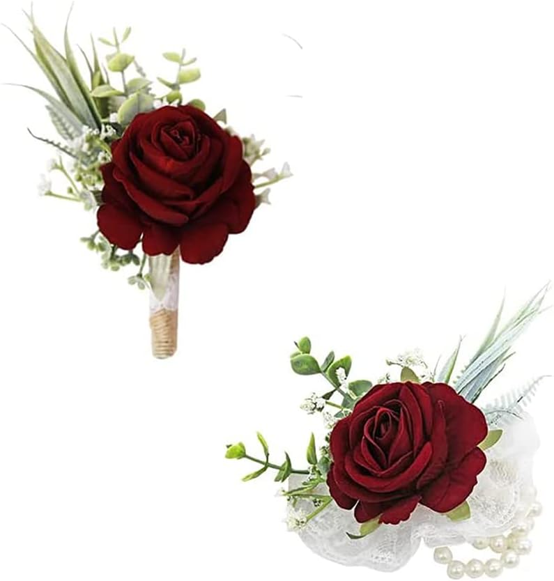 Ansofi Burgundy Corsage and Boutonniere for Men Set, Wine Red