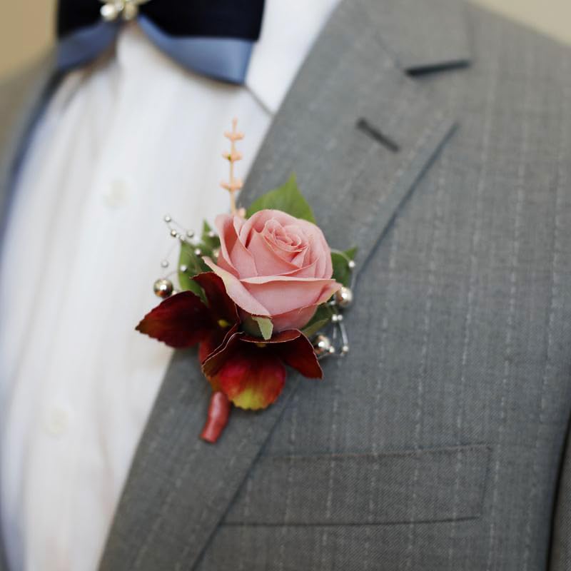 Wedding Flower Boutonniere Groom Rose Buttonholes Prom Suit Decoration for Men (White)