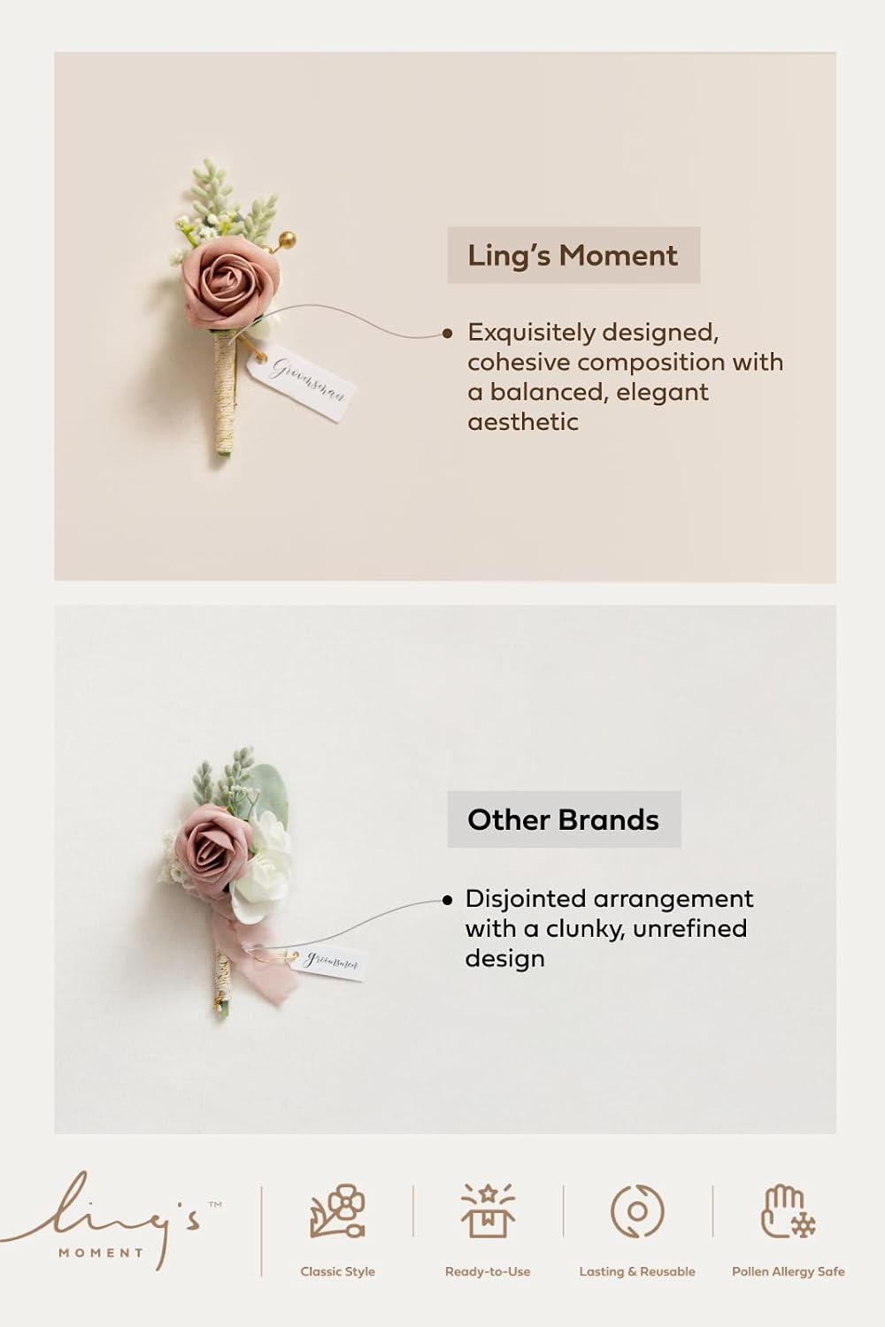 Ling's moment Boutonniere for Men, 2pcs, White Ivory