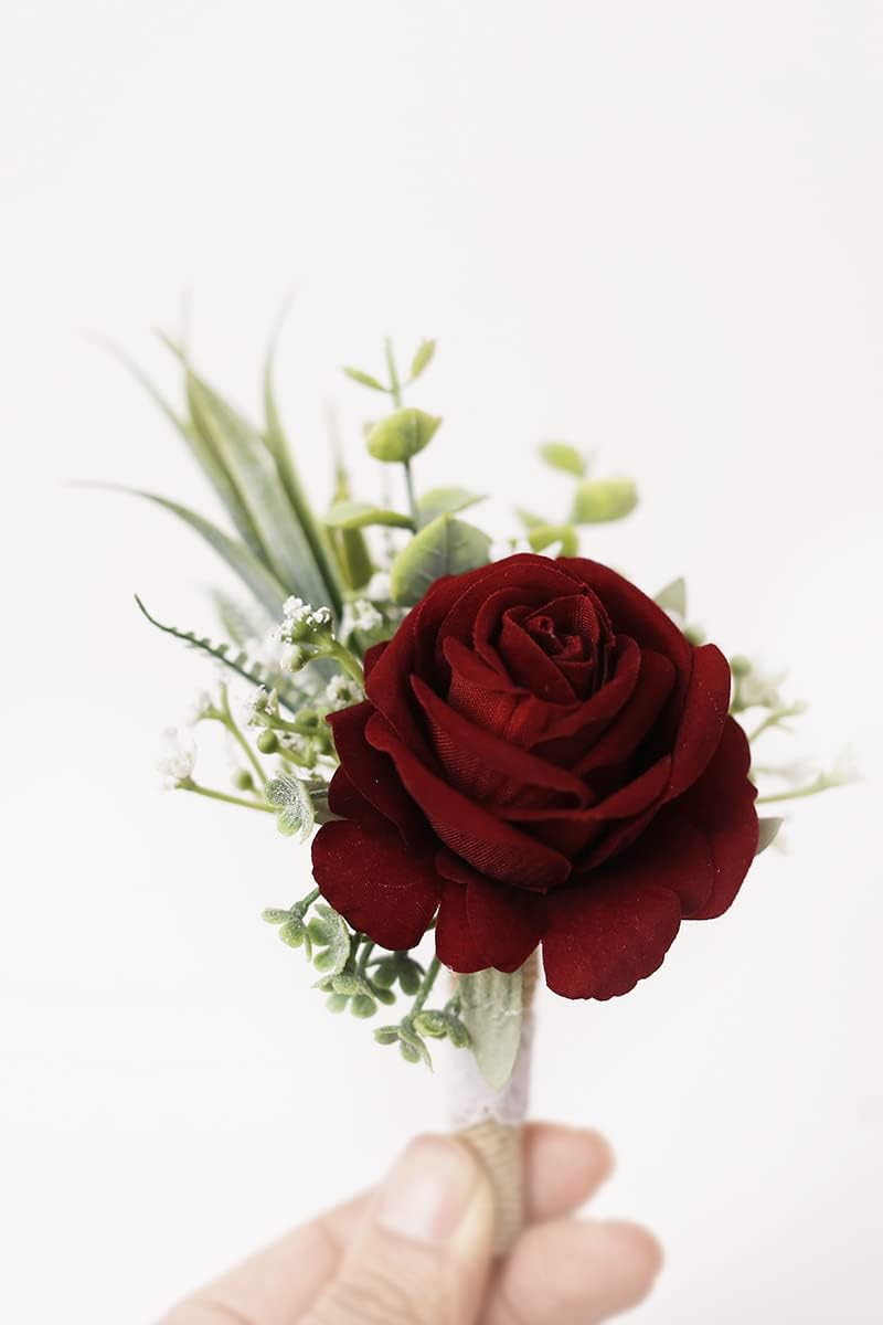 Ansofi Burgundy Boutonniere for Men Set of 6, Wine Red Color