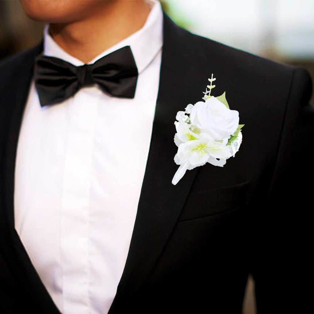 Wedding Flower Boutonniere Groom Rose Buttonholes Prom Suit Decoration for Men (White)
