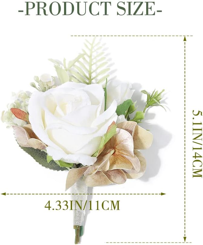 Wedding Flower Boutonniere White Groom Rose Buttonholes Men's Boutineer Party Suit Decoration Prom Anniversary Accessories for Groomsmans and Man (White)