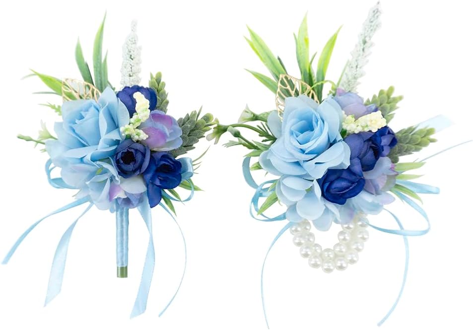 2Pcs Blue Wrist Corsage and Boutonniere Set for Prom Wedding