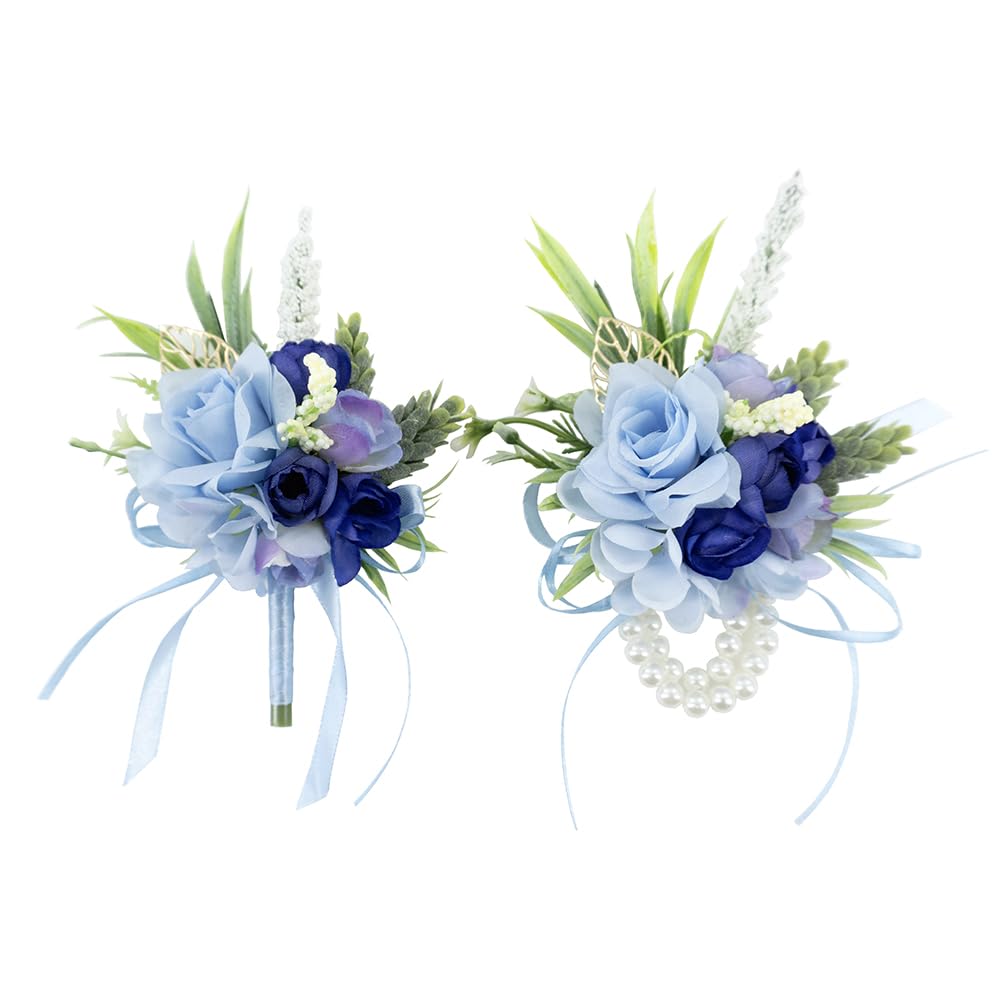 2Pcs Blue Wrist Corsage and Boutonniere Set for Prom Wedding