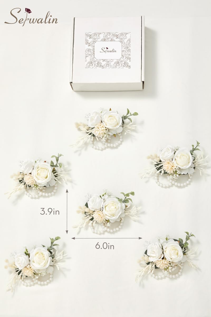 Serwalin 6 Pcs White Rose Wrist Corsage Wristlet for Wedding Prom Party