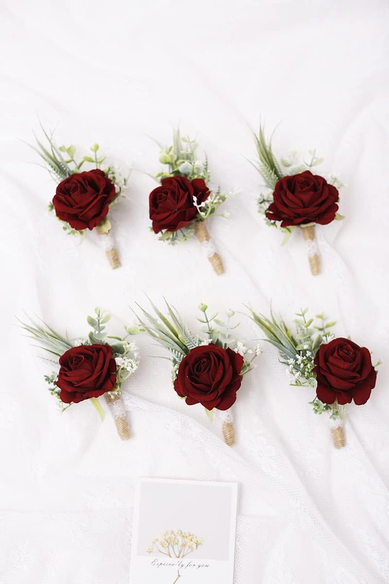 Ansofi Burgundy Boutonniere for Men Set of 6, Wine Red Color