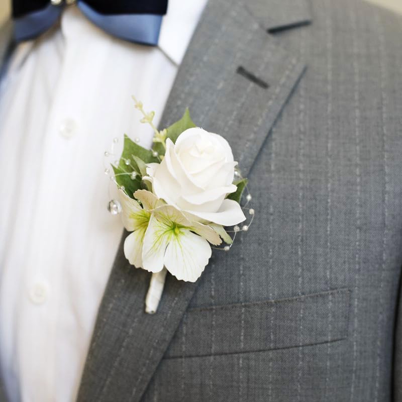 Wedding Flower Boutonniere Groom Rose Buttonholes Prom Suit Decoration for Men (White)