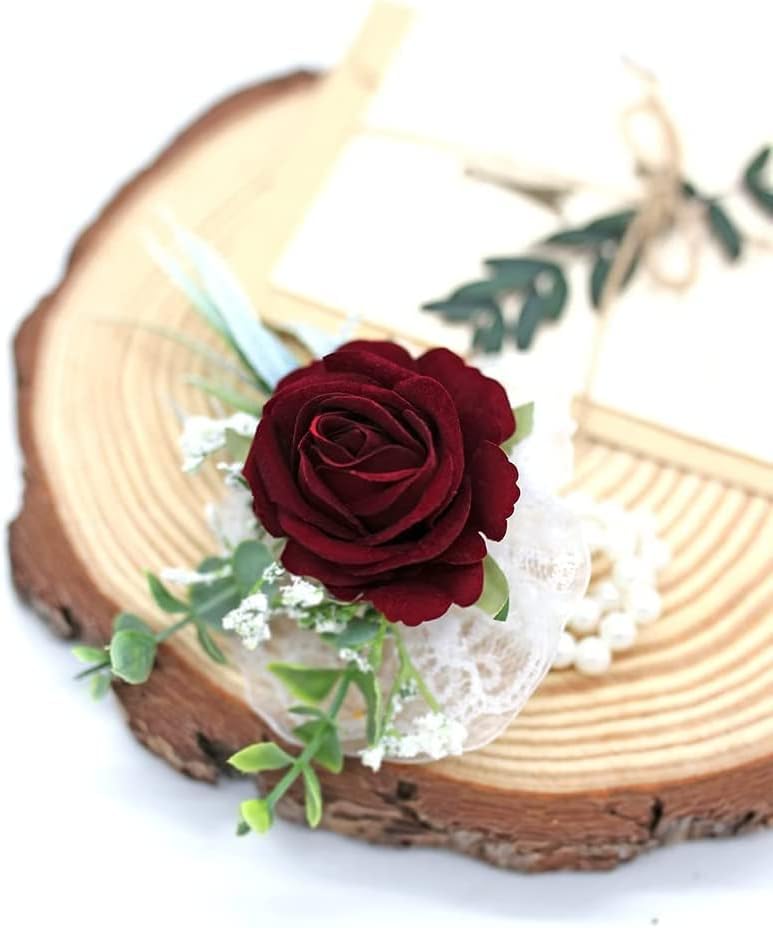 Ansofi Burgundy Corsage and Boutonniere for Men Set, Wine Red