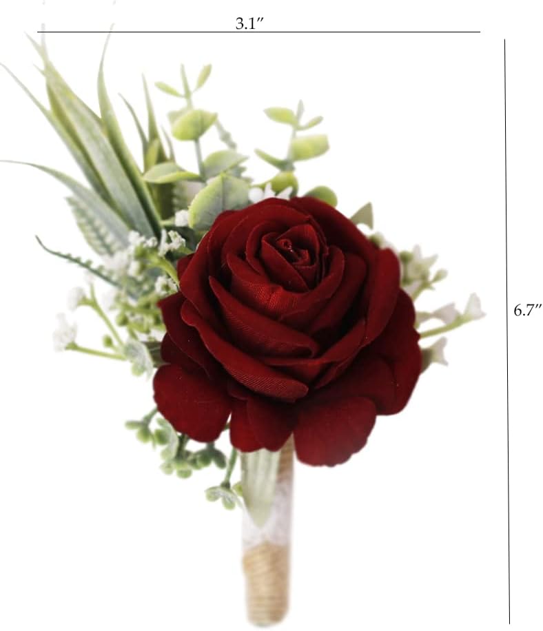 Ansofi Burgundy Boutonniere for Men Set of 6, Wine Red Color