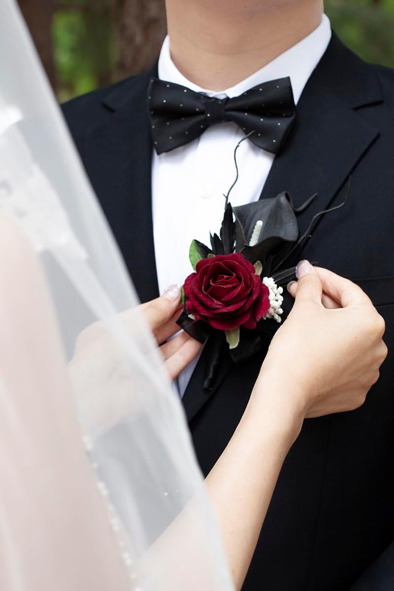 Black Burgundy Corsage and Boutonniere Set for Wedding Prom
