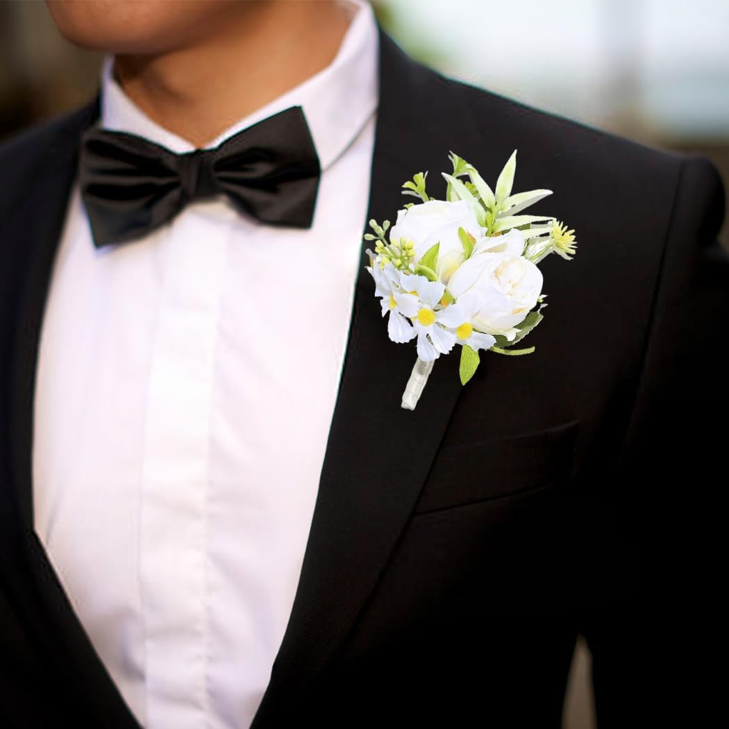 Wedding Rose Boutonniere Groom Flower Buttonholes Prom Suit Decoration for Men (White)