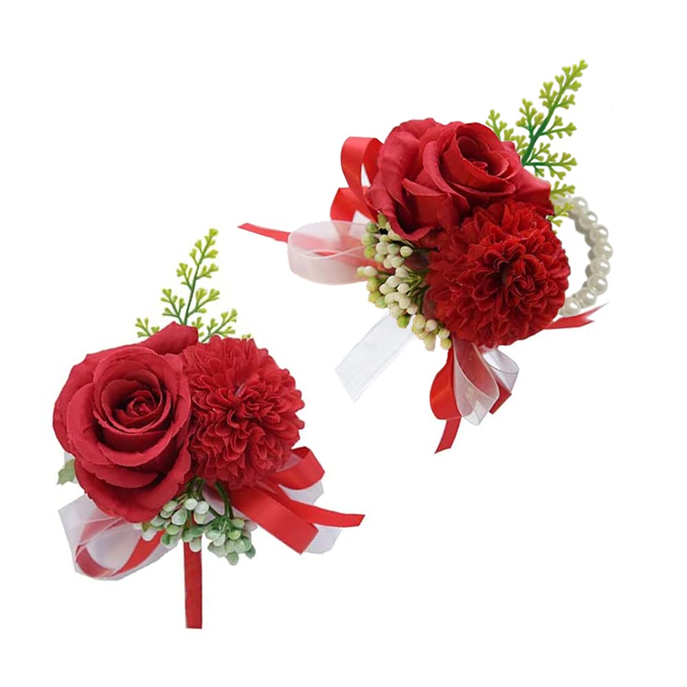 Wrist Corsage and Boutonniere Set for Bride Groom Bridesmaids Groomsmen Wedding Homecoming Flowers Prom Suit Accessories, Rose Boutonniere and Corsage Wristlet Flower