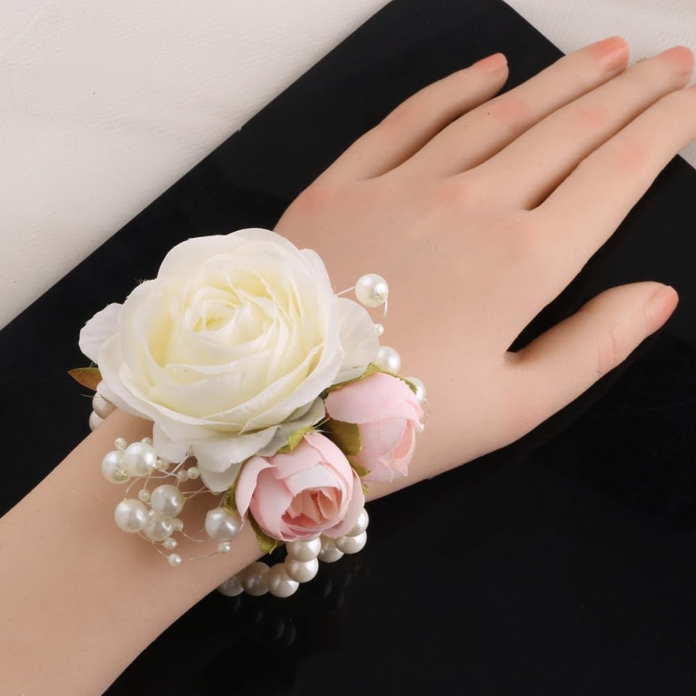 Wrist Corsages Set of 6 for Wedding Bridal Bride Bridesmaid Artificial Hand Flower Corsage Wristlet Band Homecoming Graduation Prom Party Ivory and Pink