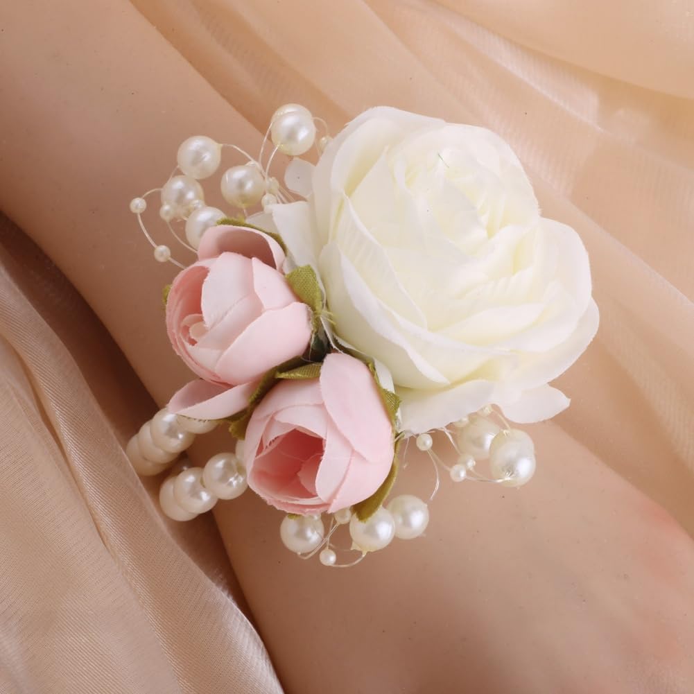 Wrist Corsages Set of 6 for Wedding Bridal Bride Bridesmaid Artificial Hand Flower Corsage Wristlet Band Homecoming Graduation Prom Party Ivory and Pink
