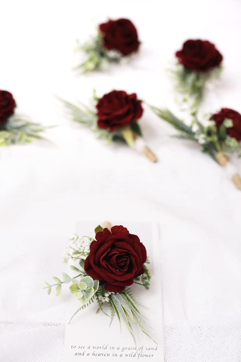 Ansofi Burgundy Boutonniere for Men Set of 6, Wine Red Color