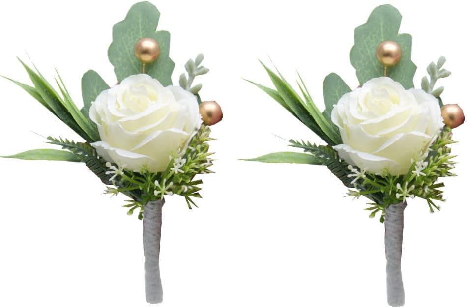 2pcs Boutonniere for Men Wedding, Groom Groomsman Artificial White Rose Flowers with pins for Wedding Anniversary Celebration,Prom,Party,Home Decoration.