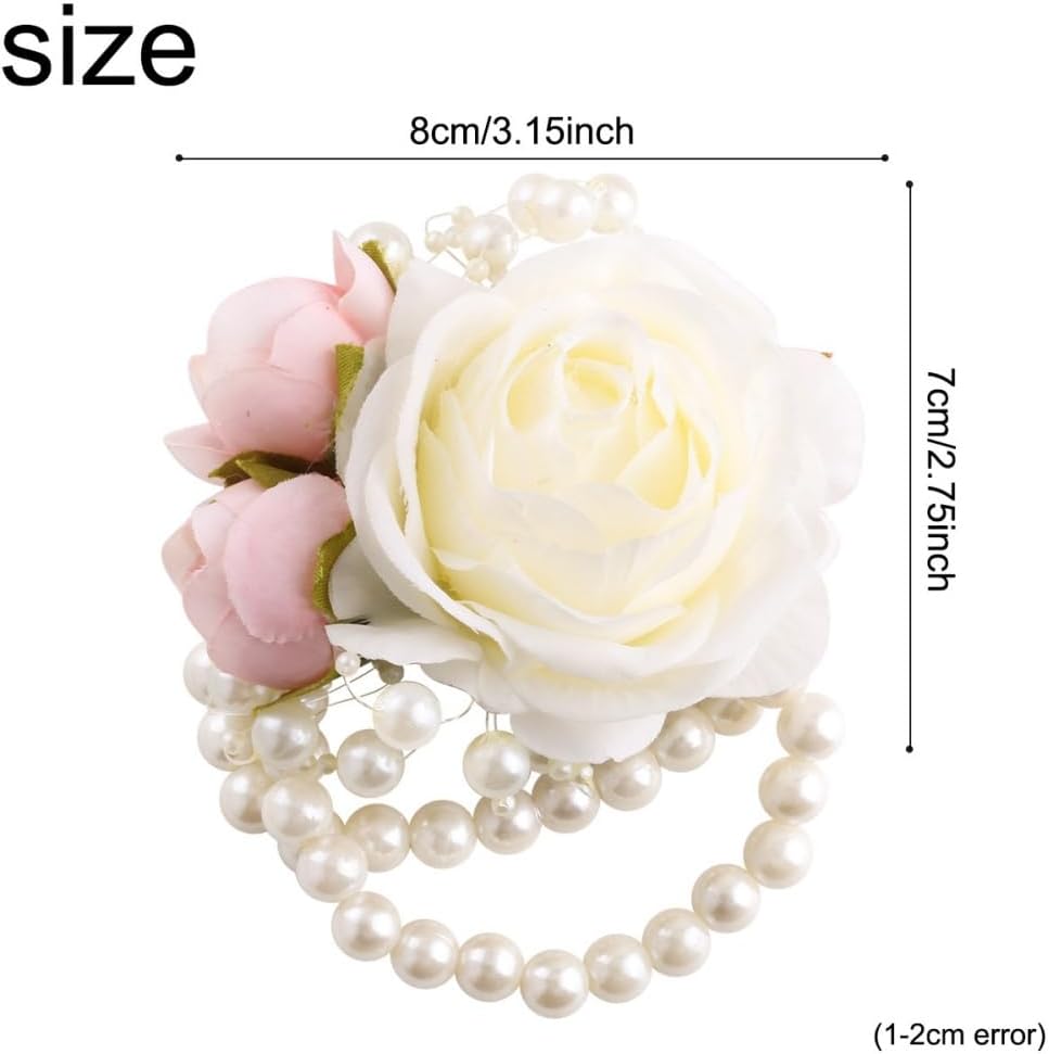 Wrist Corsages Set of 6 for Wedding Bridal Bride Bridesmaid Artificial Hand Flower Corsage Wristlet Band Homecoming Graduation Prom Party Ivory and Pink