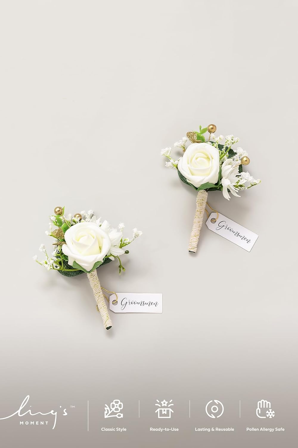 Ling's moment Boutonniere for Men, 2pcs, White Ivory