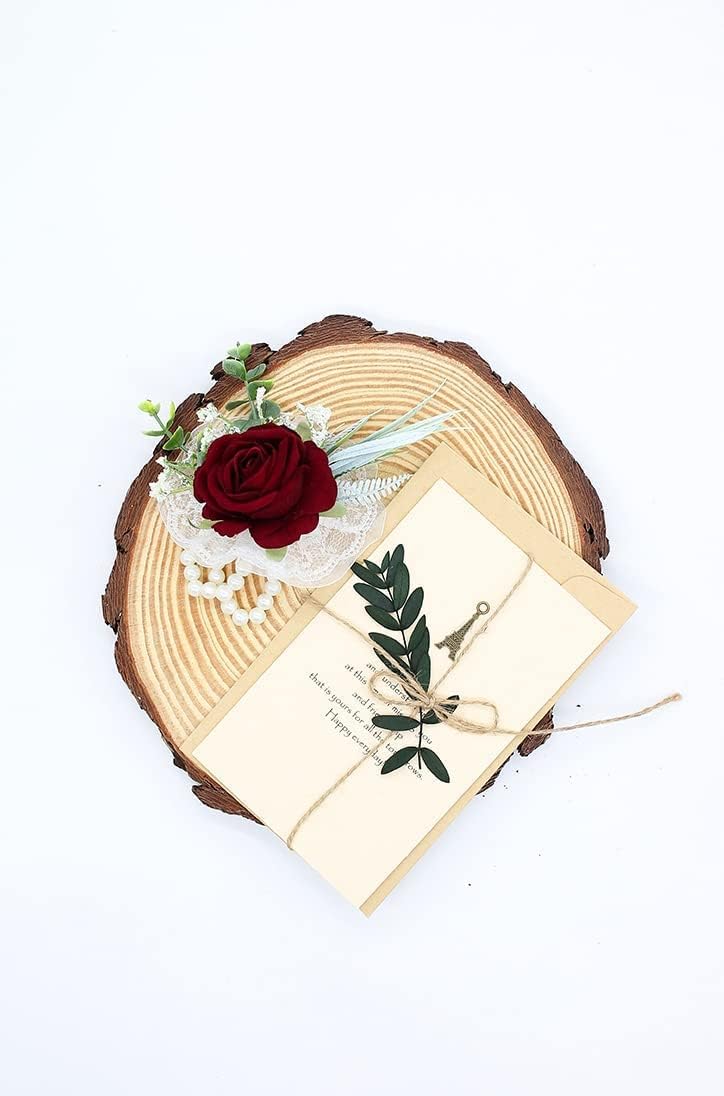 Ansofi Burgundy Corsage and Boutonniere for Men Set, Wine Red