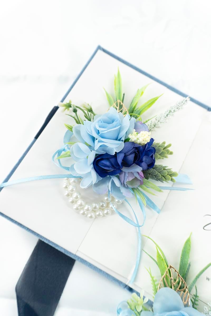 2Pcs Blue Wrist Corsage and Boutonniere Set for Prom Wedding