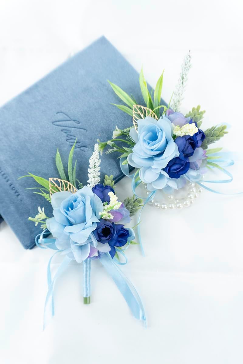 2Pcs Blue Wrist Corsage and Boutonniere Set for Prom Wedding