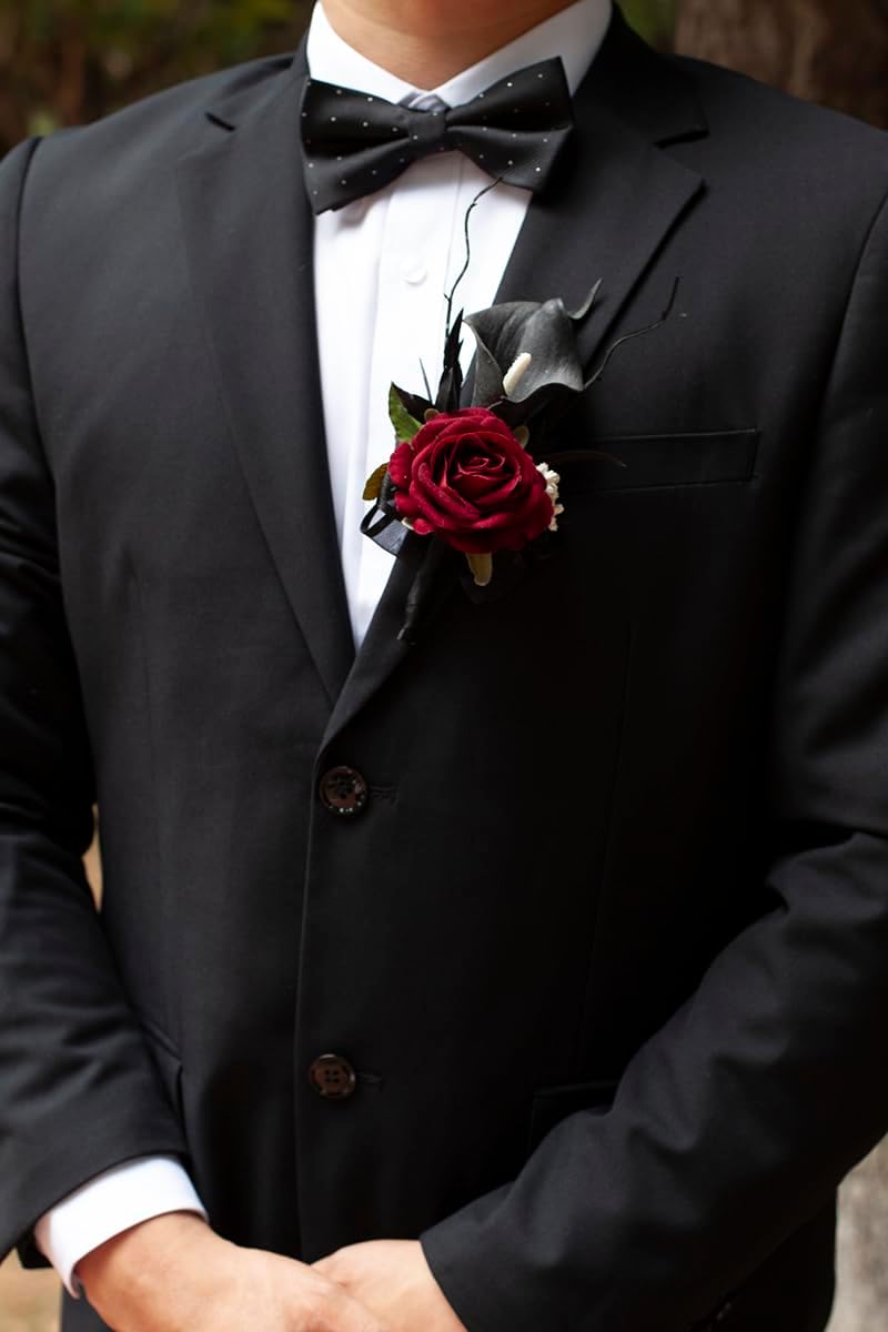Black Burgundy Corsage and Boutonniere Set for Wedding Prom