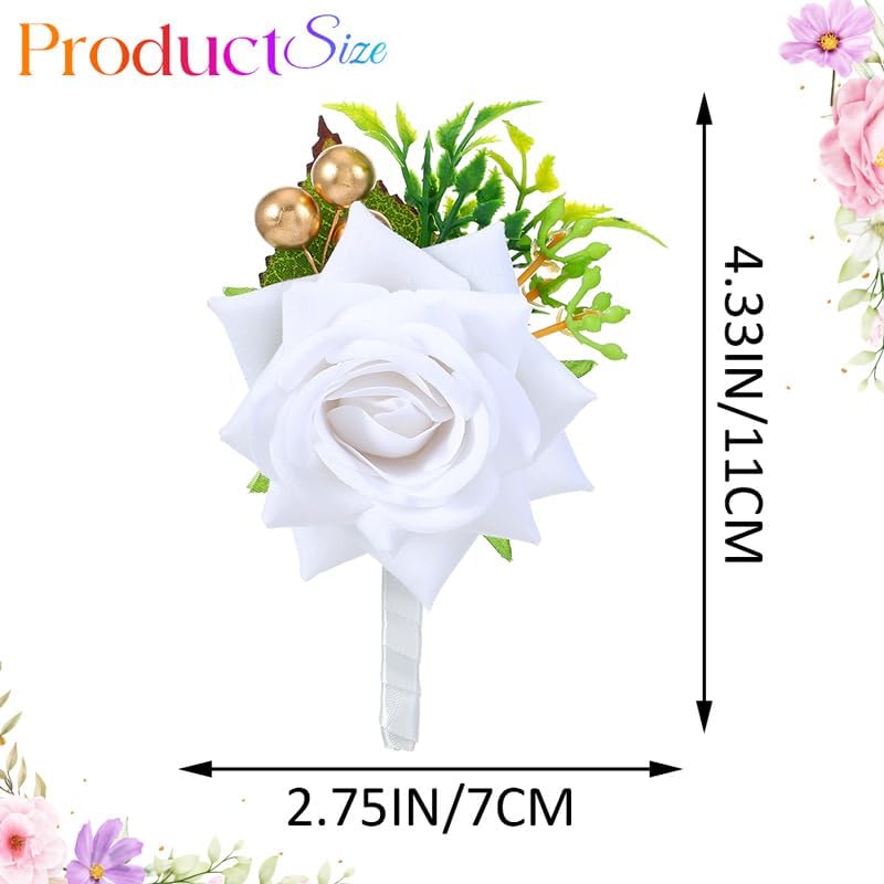 White Rose Boutonniere for Men Wedding Artificial Flower Boutonniere with Gold Beads for Groom Groomsmen Prom (White)