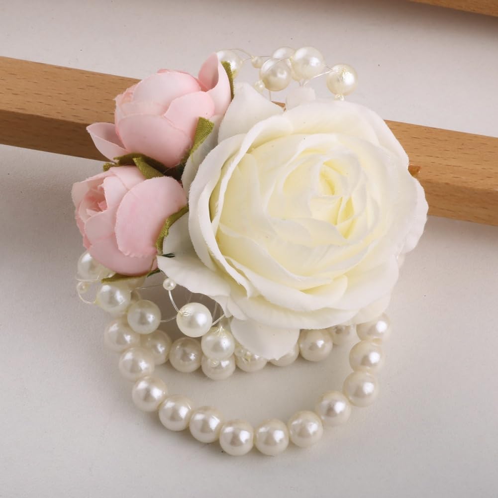 Wrist Corsages Set of 6 for Wedding Bridal Bride Bridesmaid Artificial Hand Flower Corsage Wristlet Band Homecoming Graduation Prom Party Ivory and Pink