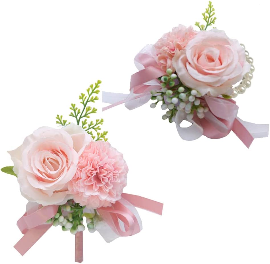 Wrist Corsage and Boutonniere Set for Bride Groom Bridesmaids Groomsmen Wedding Homecoming Flowers Prom Suit Accessories, Rose Boutonniere and Corsage Wristlet Flower