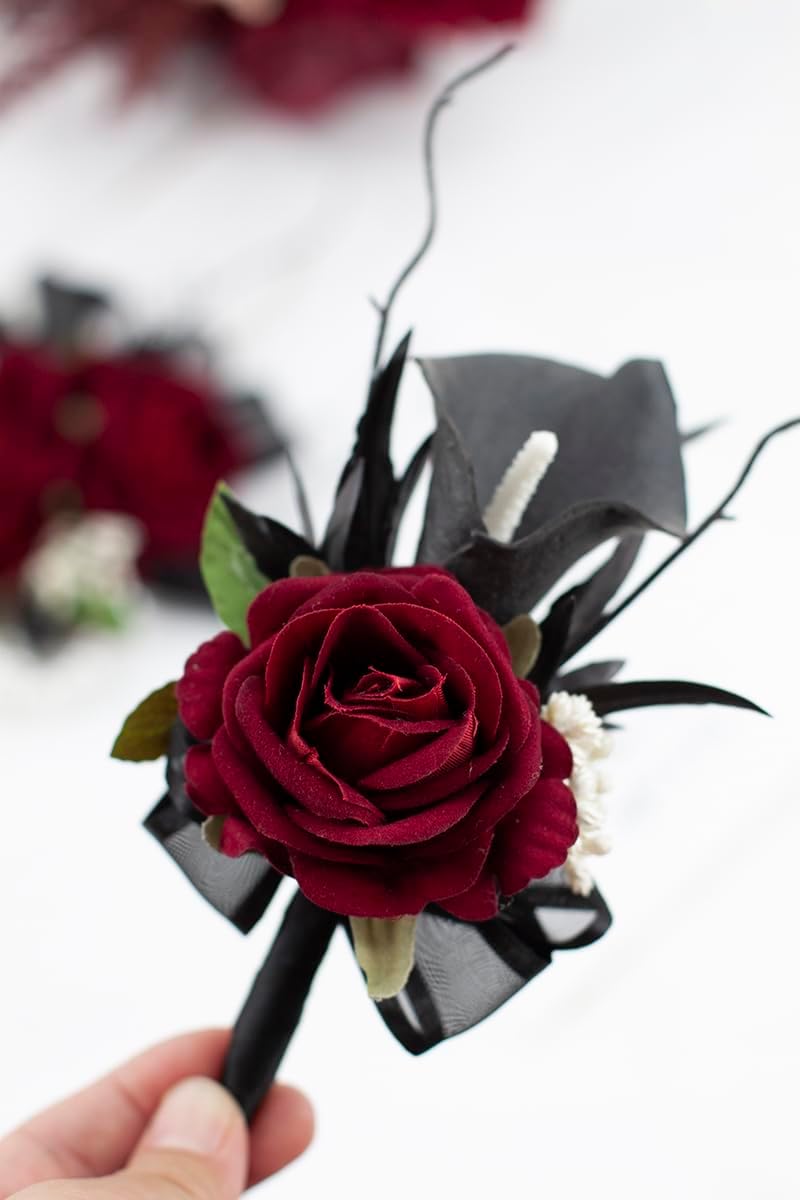 Black Burgundy Corsage and Boutonniere Set for Wedding Prom