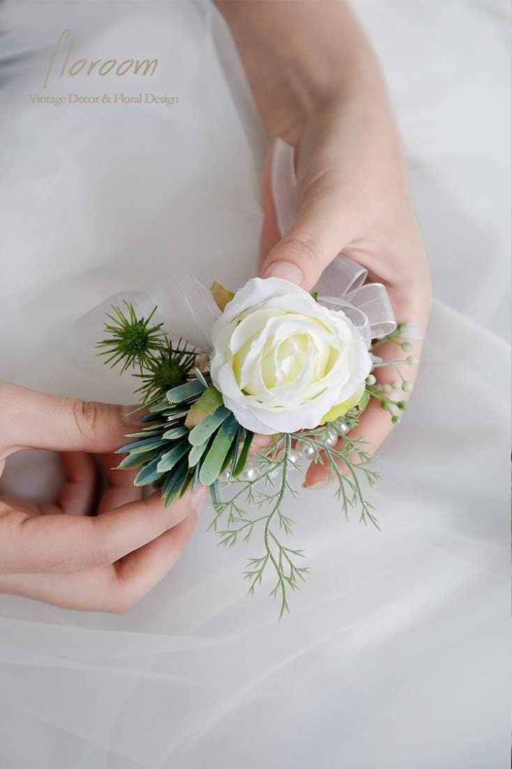 Floroom Ivory Rose Wrist Corsage Wristlet Band Bracelet and Men Boutonniere Set for White Wedding Flower Accessories Prom Suit Decorations