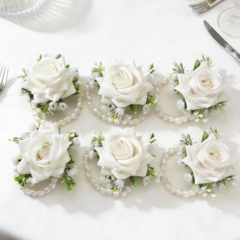6Pcs Elegant Fabric Rose Wrist Corsage Set, Artificial Floral Wrist Accessories for Vintage Wedding Bridal Party Prom, Reusable Formal Ceremony Outfit Decor Supplies