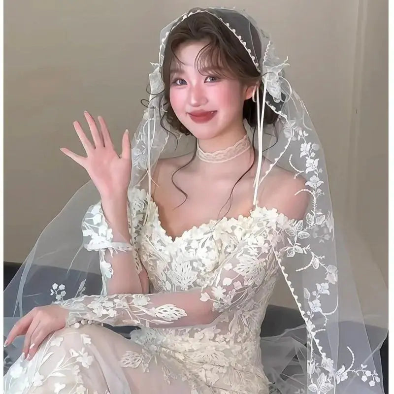 Wedding Bridal Veil Lace Pearl Trim Elegant Bride Headpiece for Wedding Ceremony Bridal Photoshoot,Lightweight Tulle Bridal Veil