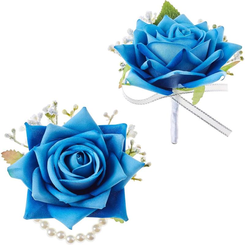 Unisex 2-Piece Handmade Silk Red Rose Corsage & Boutonniere Set - 100% Handmade, 2.7inches x 2.7inches, Wrist Corsage, Pin, Gift Box, Wedding, Banquets, All Seasons Formal Occasions