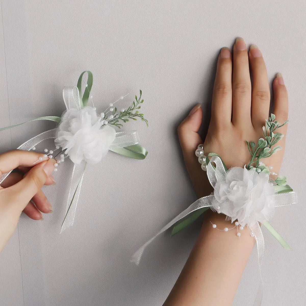 Simple Artificial Pearl Decorated Wrist Corsage & Boutonniere, Elegant Wedding Bridal Party Decoration, Fashion Accessories for Wedding Party