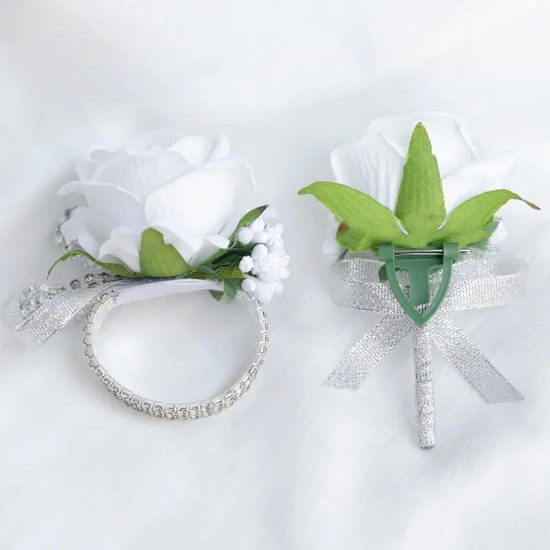 2Pcs White Rose Corsage and Boutonniere Set, Corsage Wristlet Band for Prom Decorations, Artificial Boutonniere for Men Wedding Party Suit Flower Accessories