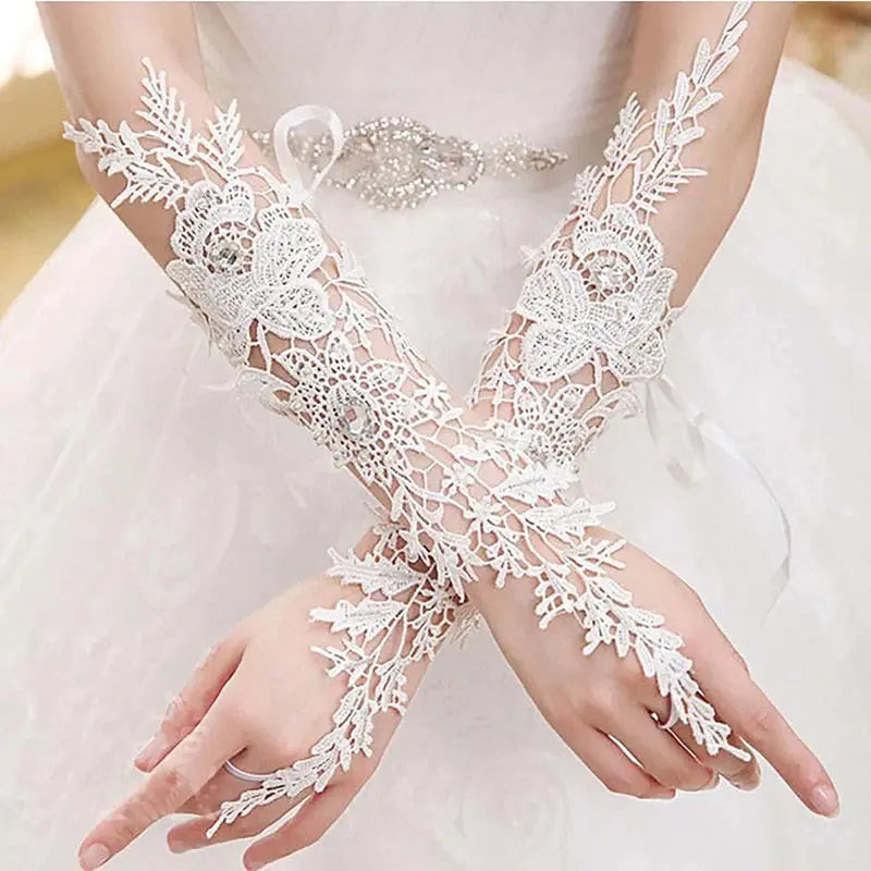 Lace Crystal Women’s Wedding Gloves Fingerless Elbow Bridal Floral Ivory Long Accessory for Bride