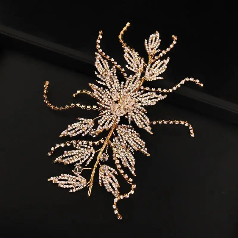 Gold Rhinestone Hair Band Bride Crystal Leaf Headband Wedding Accessories Luxury Jewelry Woman Ornaments Party  Headpiece